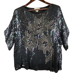 Vintage Womens 1X Sequin Beaded 100% Silk Floral Disco Glam Cocktail Party Top